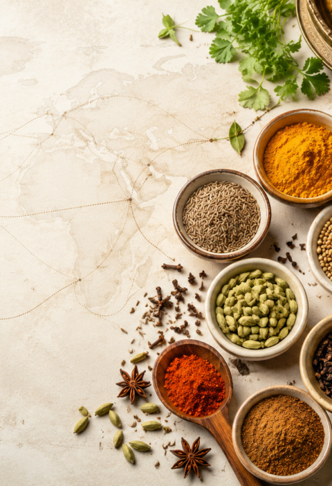 Colorful South Asian spices in bowls with turmeric, cumin, cardamom, cinnamon, chili, and coriander on a cream kitchen table