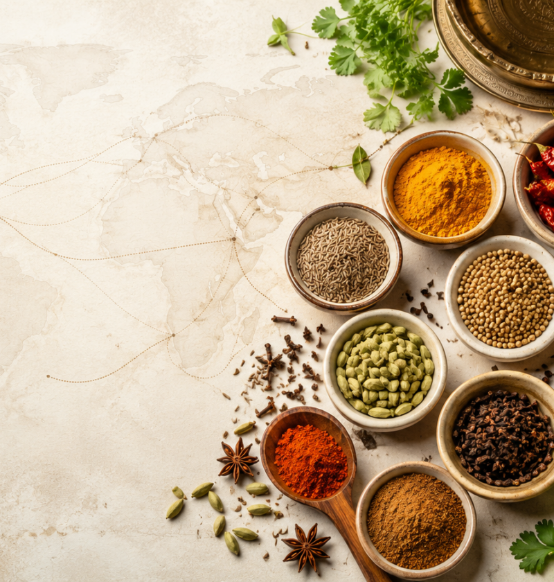 Colorful South Asian spices in bowls with turmeric, cumin, cardamom, cinnamon, chili, and coriander on a cream kitchen table