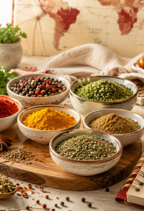 Global spice blends with colorful spices, herbs, and cooking ingredients on a warm kitchen table