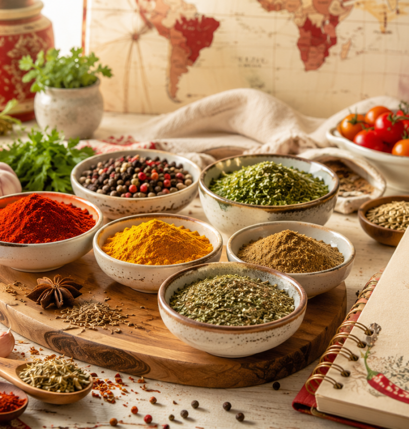 Global spice blends with colorful spices, herbs, and cooking ingredients on a warm kitchen table