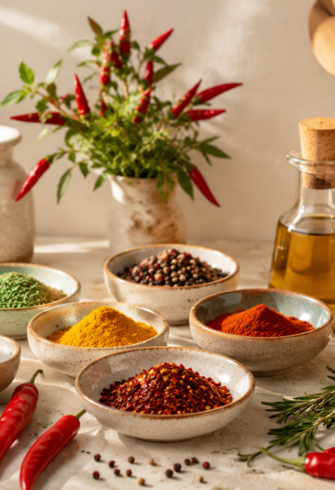 Global flavor foundations with spices, herbs, aromatics, and cooking ingredients
