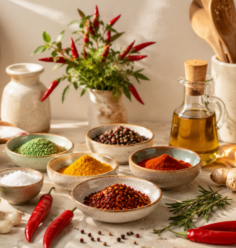 Global flavor foundations with spices, herbs, aromatics, and cooking ingredients