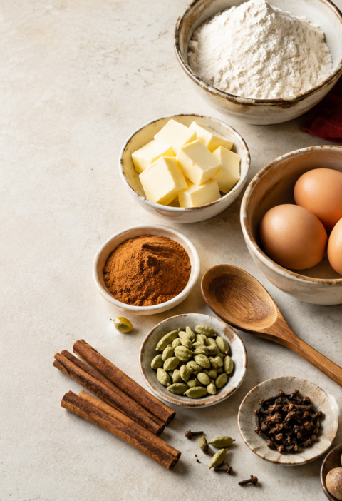 Assorted baking spices beside flour, butter, eggs, and a mixing bowl