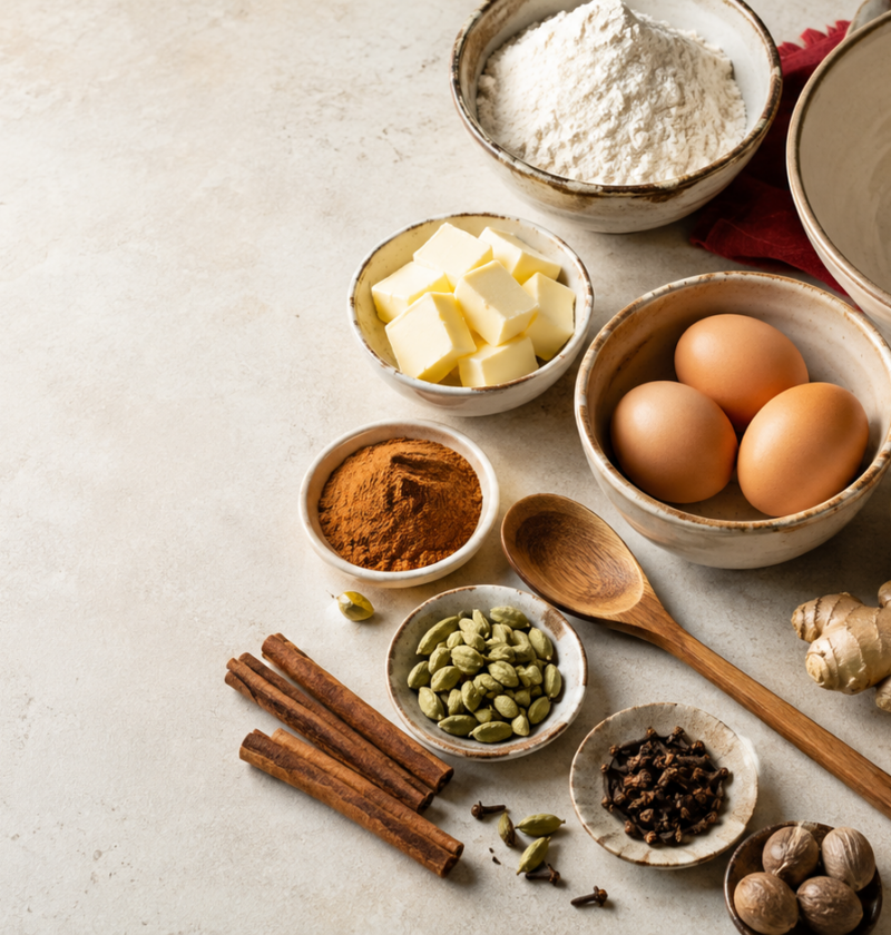 Assorted baking spices beside flour, butter, eggs, and a mixing bowl